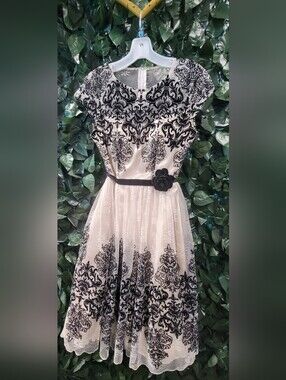 B Darlin Ivory Dress with Black Floral Velvet Appliqué